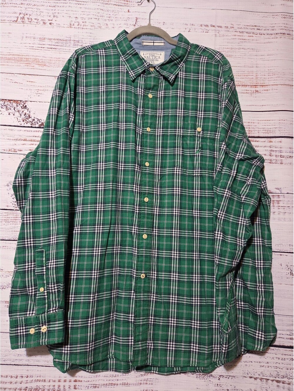 Nautica XXL Green Plaid Button-Up Shirt Casual Classic Long Sleeve